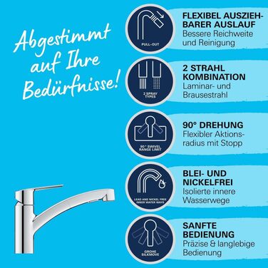 Змішувач кухонний GROHE Start з висувним душем, поворотний на 90°, хром (30531001)