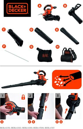 Black+Decker 3-в-1 електропристрій для прибирання листя BEBLV301 (3000 Вт) з подрібнювачем, решетом та мішком-рюкзаком 72л - висока швидкість видуву та регульована потужність всмоктування
