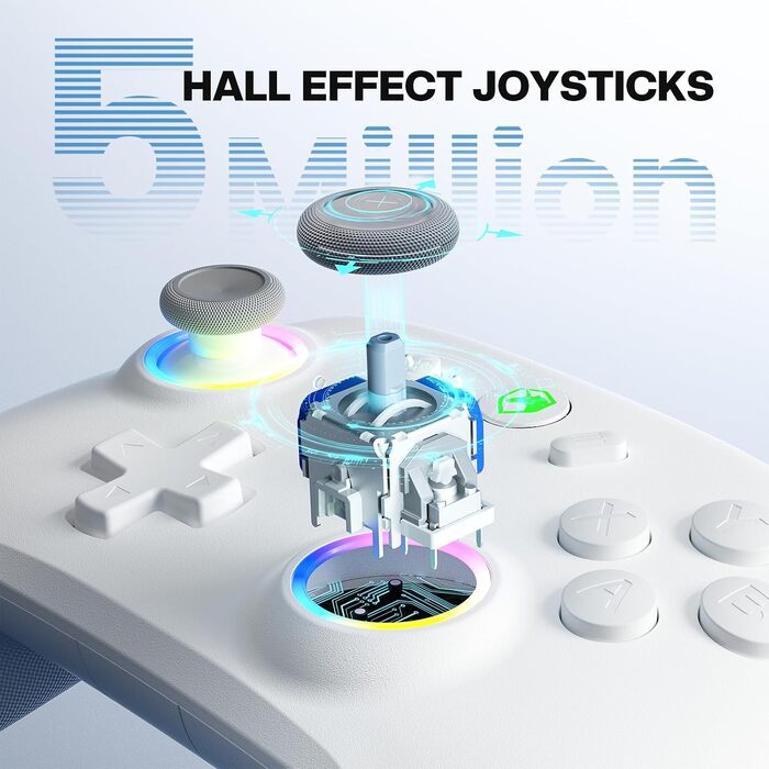 Бездротовий ігровий контролер ECHTPower для PC, Switch, Steam Deck, Android, iOS — RGB підсвічування, Hall-джойстики, вібрація, Turbo, акумулятор 800mAh (Білий)