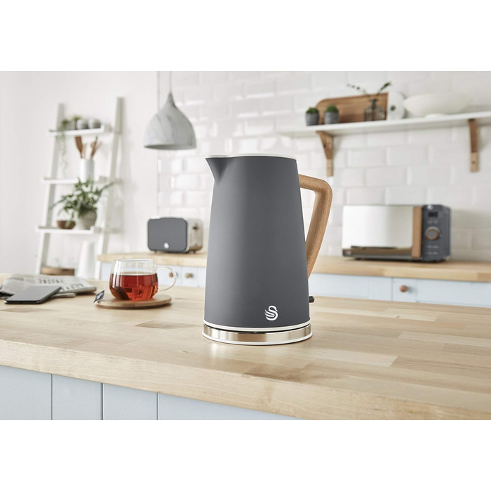 Електрочайник Swan Nordic Ultra 1,7 л 2200 Вт, бездротовий, автоматичне вимкнення, дерев'яна ручка, сірий, сучасний дизайн