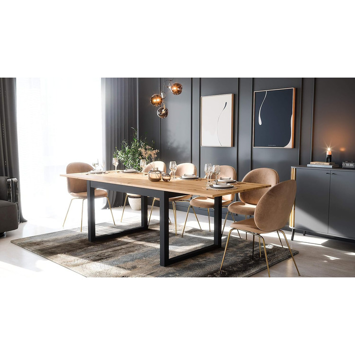 Розсувний обідній стіл NEWROOM Vincent.eleven 200-240x90 см, антрацит, дика дубова плита, вінтажний індустріальний стиль