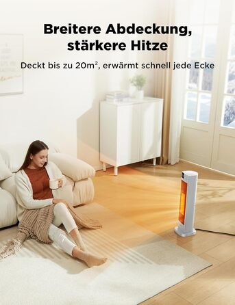 Керамічний обігрівач Midea NTH20-22ER(WH), 2000 Вт, з термостатом і дистанційним керуванням, енергозберігаючий, 2 режими нагріву, таймер 24 години, ECO-режим, осциляція 75°, для великих приміщень, білий