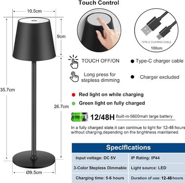 Диммерна LED лампа на акумуляторі 2 шт., сенсорне керування, USB-C, металева, перезаряджається, для вулиці та дому, IP44, 5600mAh, 5W, чорна