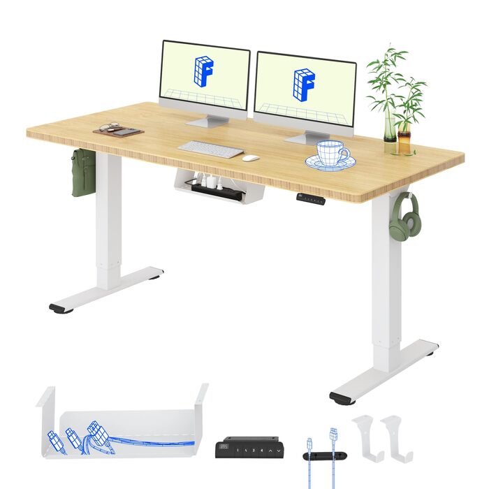 Ергономічний письмовий стіл FLEXISPOT з регулюванням висоти 160x80 см, бамбукова стільниця, чорне/біле каркас, 4 положення пам'яті, LED дисплей