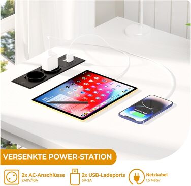 Ігровий стіл iSunirm з LED підсвіткою, розетками та USB портами, білий 80x40x75 см