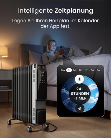 Розумний електричний масляний радіатор Pro Breeze 2500Вт, 11 секцій, з керуванням через Wi-Fi (Smart App), термостатом, таймером на 24г та сенсорним дисплеєм, сріблястий