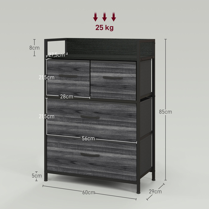 Комод, тумба, 4 висувні ящики з тканиною, індустріальний дизайн, 60x29x85 см, чорний