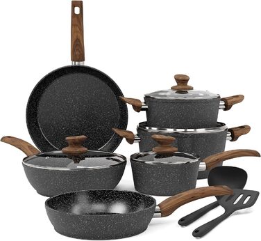 Набір каструль Kitchen Academy для індукції, 12 предметів, чорний граніт, антипригарне покриття, PFOA та PFOS безпечний