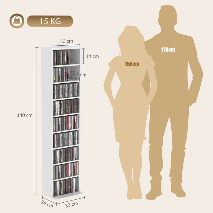 Стелаж для CD/DVD, 9 рівнів, вузька підставка з 6 регульованими полицями, на 260 дисків, білий