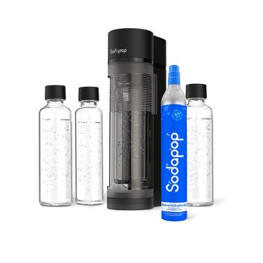 Сифон для газування води Sodapop Logan Starterset з CO₂-циліндром та 3 скляними пляшками, матовий чорний, 42.6 см