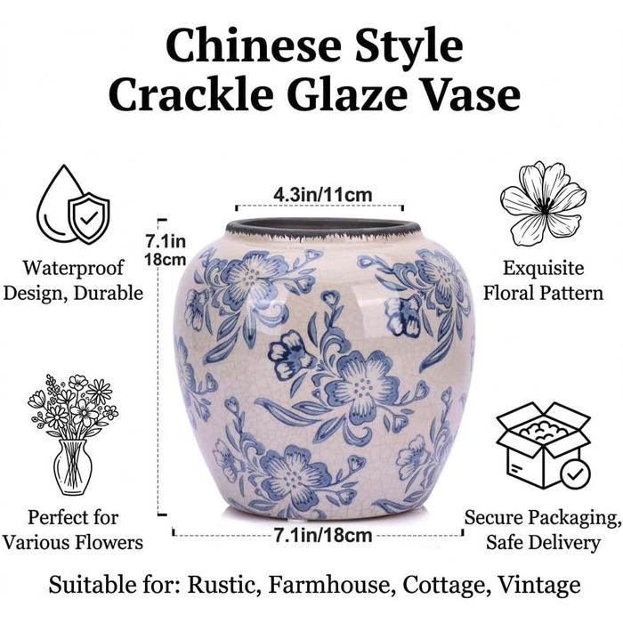 Ваза керамічна Blau-weiße Chinoiserie 27.9 см вінтажна для квітів та декорацій в стилі рустик, блакитна ваза для букета