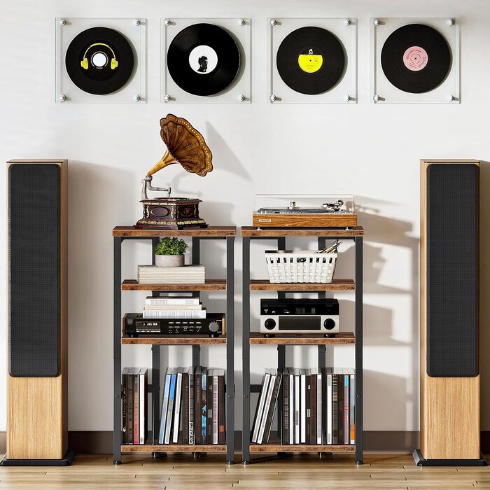 HOOBRO HiFi-тумба з 4 полицями для вінілу та аудіотехніки, вінтажний стиль, чорний/коричневий EBF42CJ01