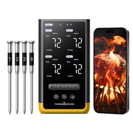 Розумний бездротовий термометр для м'яса ThermoMaven з базовою станцією, Bluetooth та Wi-Fi, 4 щупи (6 сенсорів), NIST-сертифікований, для смокера, духовки та BBQ, золотисто-жовтий