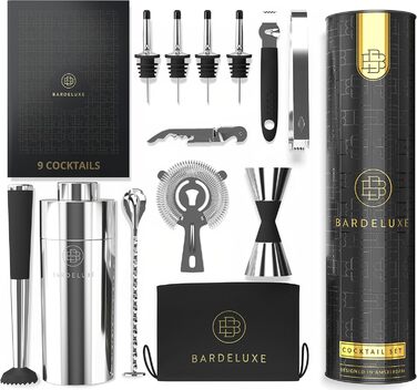 Преміум набір для коктейлів BarDeluxe 12 предметів з шейкером 750 мл, нержавіюча сталь, подарунковий комплект для бармена з сумкою та рецептурником, срібло