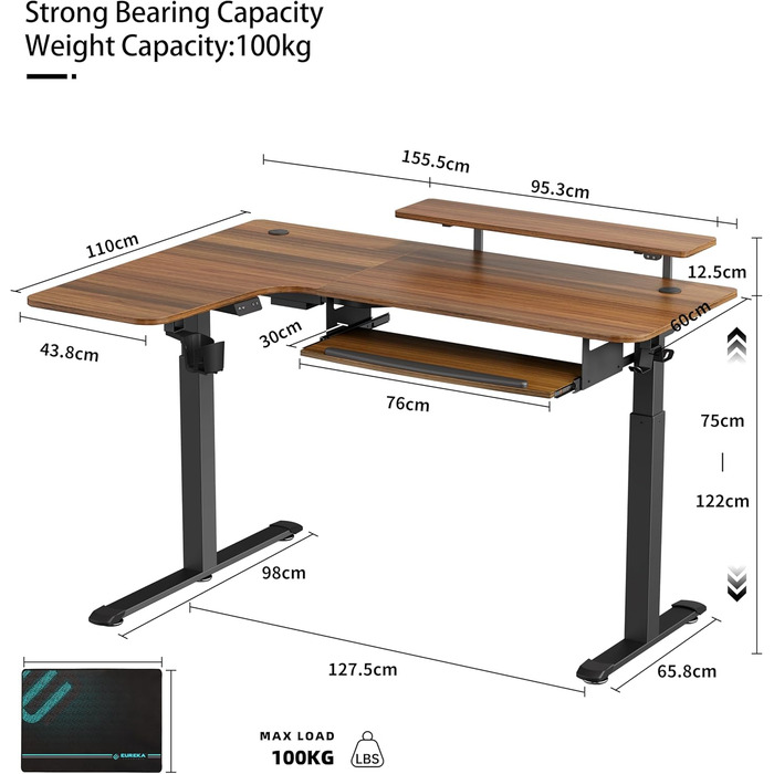 Електричний кутовий стіл для геймінгу EUREKA ERGONOMIC 155x110 см, з регулюванням висоти, клавіатурною полицею, LED-підставкою для монітора, лівий, колір горіх