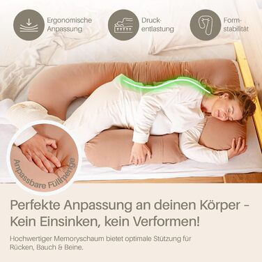 Подушка для вагітних та годування XL для сну на боці з ефектом пам'яті (Memory Foam), бавовняний чохол, коричнева