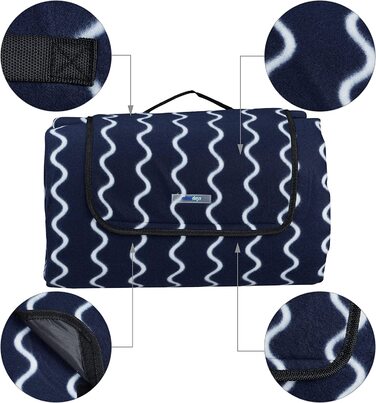 Пікнік килимок Relaxdays XXL 200x300 см, флісовий, водонепроникний, теплоізольований, з ручкою для перенесення, темно-синій/білий