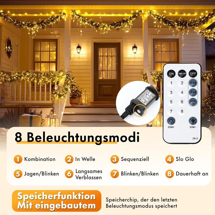 Світлодіодна гірлянда MAGGIFT Cluster 20м, 1000 LED, теплий білий колір, водонепроникна для вулиці та дому, з пультом, таймером та 8 режимами освітлення