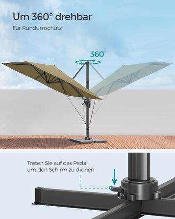 Парасоля для саду SONGMICS 290x290 см, ампельна, захист від UV UPF 50+, обертається на 360°, регулювання нахилу, зі стійкою, ременями та чохлом, колір лаврово-зелений