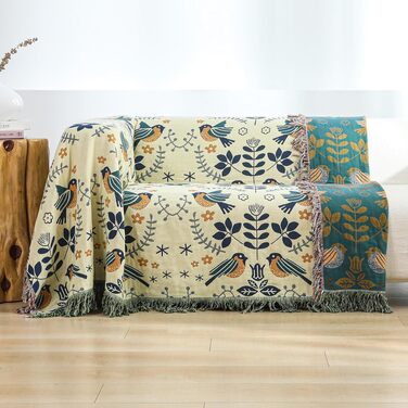 Багатофункціональна плед-ковдра HOORDRY Boho з натуральної бавовни, 200×230 см, Блакитно-зелений принт з пташками та квітами