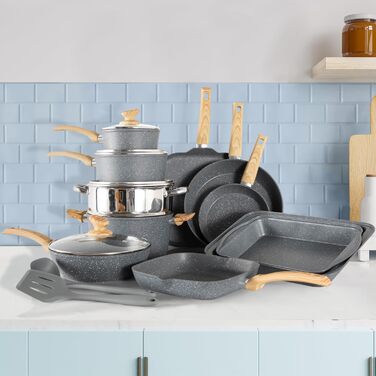 Набір посуду Kitchen Academy 17 предметів з гранітним покриттям для індукційних плит, з кришками, сковороди та каструлі, сірий