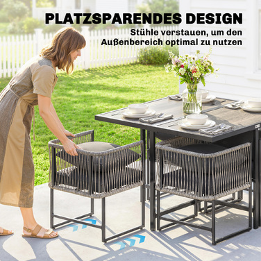 Набір садово-патіо меблів з ротангу Polyrattan, 5 предметів. Компактний комплект для відпочинку з столом та 4 стільцями. Столова стільниця DPC, подушки сірого кольору.