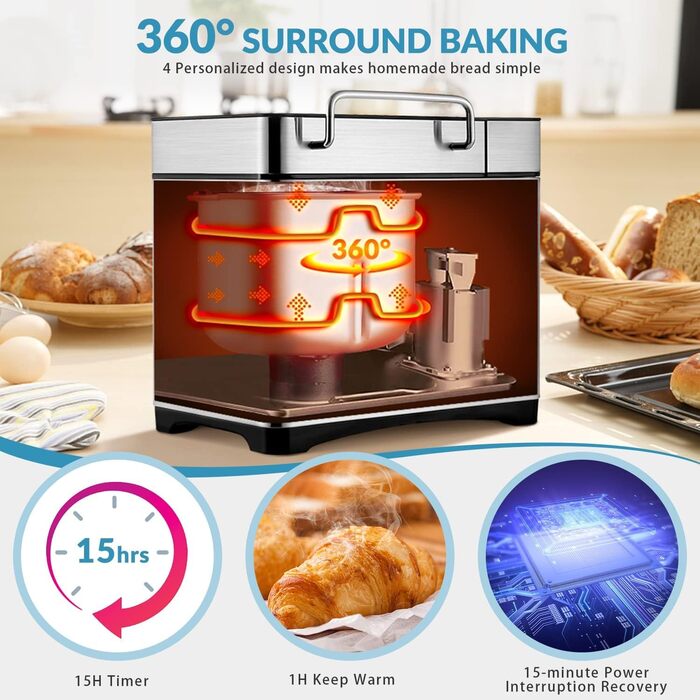 Преміум хлібопекарня Konvektions-Brotbackautomat 710W з керамічною формою, 17 програм, нержавіюча сталь, дозатор горіхів, сенсорне скло, срібляста