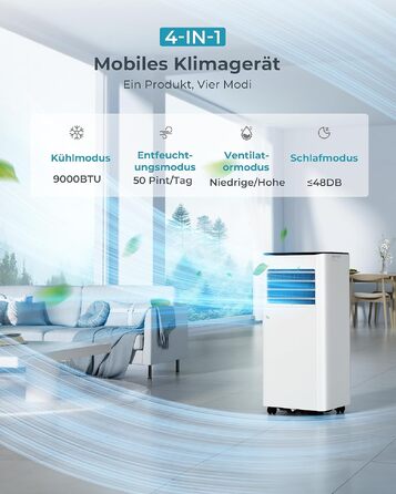 Мобільний кондиціонер з відведенням повітря 9000 BTU 4-в-1: тихий, з дисплеєм, пультом, таймером на 24 год, для приміщень до 20 м²