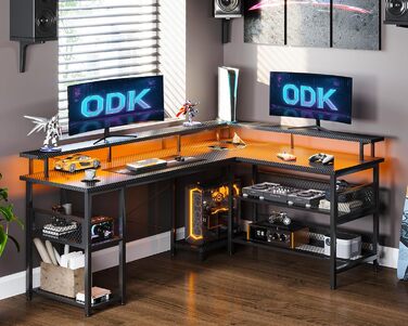 Ігровий стіл ODK з LED-підсвіткою, реверсивний кутовий комп'ютерний стіл 168×120 см, з 2 розетками, 2 USB-портами, мережева полиця, карбон, чорний