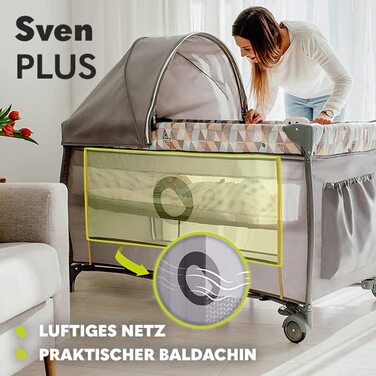 Дитяче ліжечко-манеж Lionelo Sven Plus 4 в 1 з пеленатором, москітною сіткою, бічним входом і сумкою, для дітей від народження до 15 кг, складане