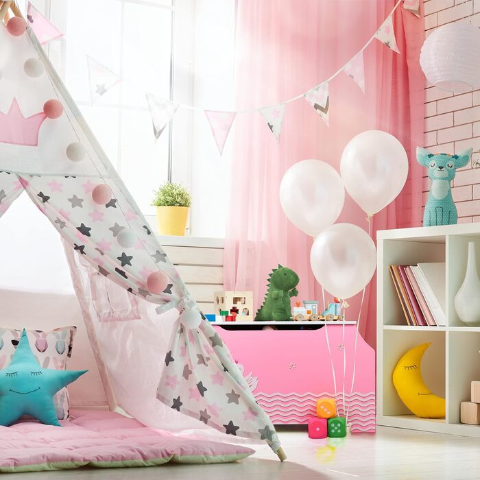 Скриня для іграшок Relaxdays Schwanenherz, з кришкою та відсіками для книг, 46x84x42,5 см, ігрова коробка, рожево-біла
