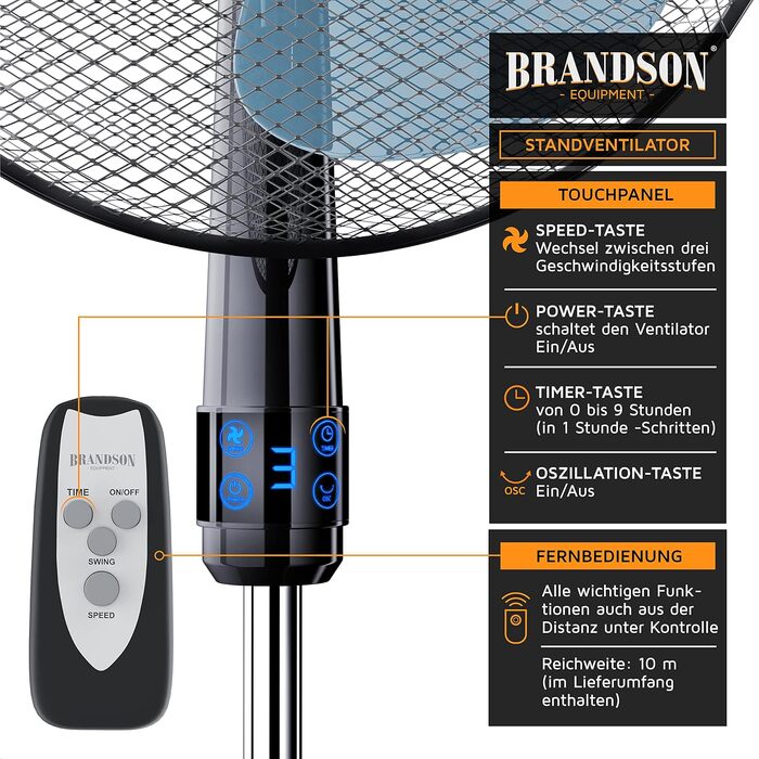 Вентилятор підлоговий Brandson 50 Вт, 40 см, з пультом, 3 швидкості, поворот 80°, регульована висота та кут нахилу 30°