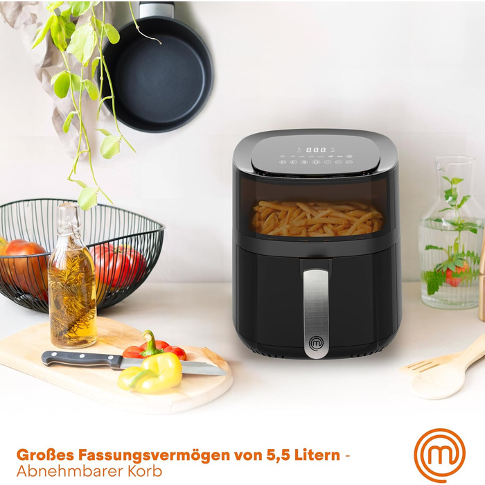 Аерофритюрниця MasterChef 4.5л-5.5л Airfryer 1400W з цифровим сенсорним керуванням, 7 програм, функція розігріву та підігріву, 80-200°C, для 2-4 осіб