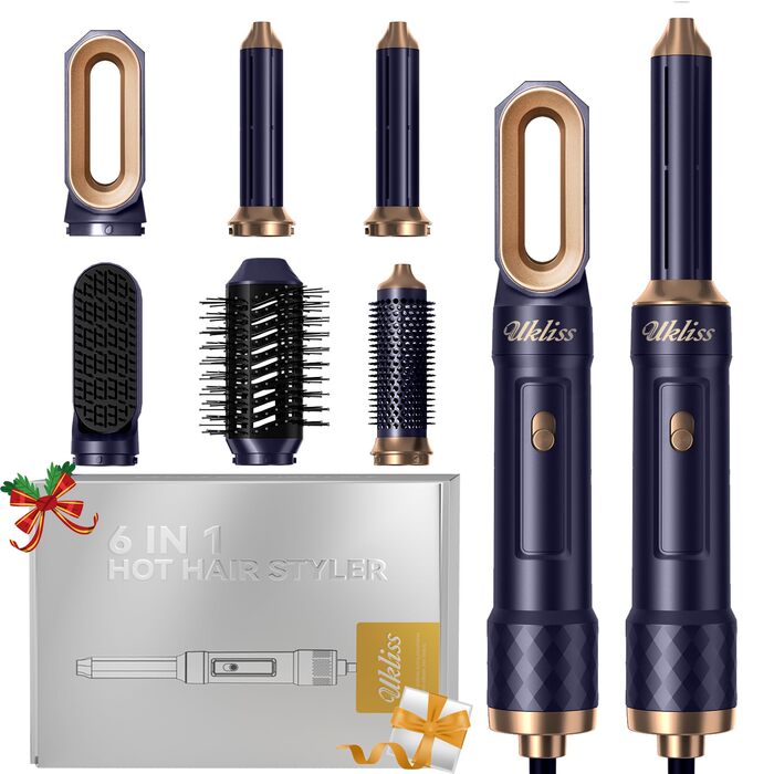 UKLISS Hairstyler 6-в-1: Професійний фен-щітка з насадками для укладки волосся 1000W (білий/темно-синій)
