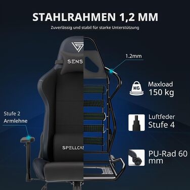 Ергономічне офісне крісло SENSE7 з 1D-підлокітниками, нахилом спинки 160° та функцією гойдання, чорна дихаюча тканина HDF