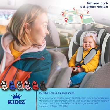 Дитяче автокрісло KIDIZ з Isofix, група 1/2/3, 9-36 кг, регульований підголівник, 5-точковий ремінь, сіре, для дітей 1-12 років