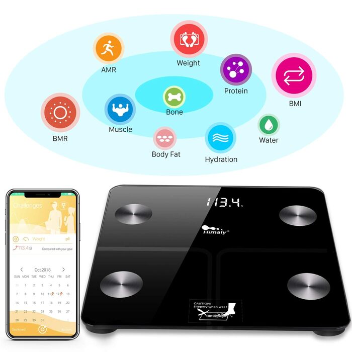 Розумна вага для визначення складу тіла Himaly, Bluetooth, цифрова, для жиру, ваги, ІМТ, води, кісткової маси, калорій, вісцерального жиру, чорна