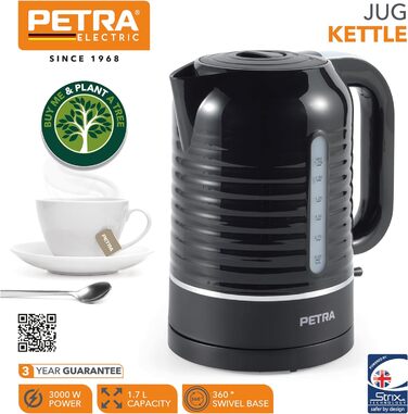 Електрочайник Petra PT5572BLKVDE 1,7 л, 3000 Вт, індикатор рівня води, антикальцієвий фільтр, 360° база, захист від перегріву, Strix-контролер, швидке кип'ятіння