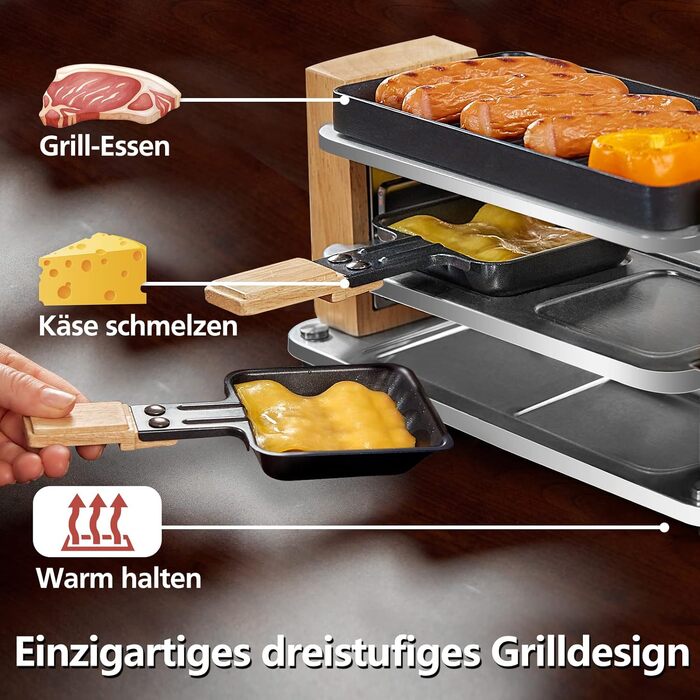 Расетіль Raclette Grill з антипригарною решіткою (2 особи) 550W, 4 пательні та дерев'яний шпатель