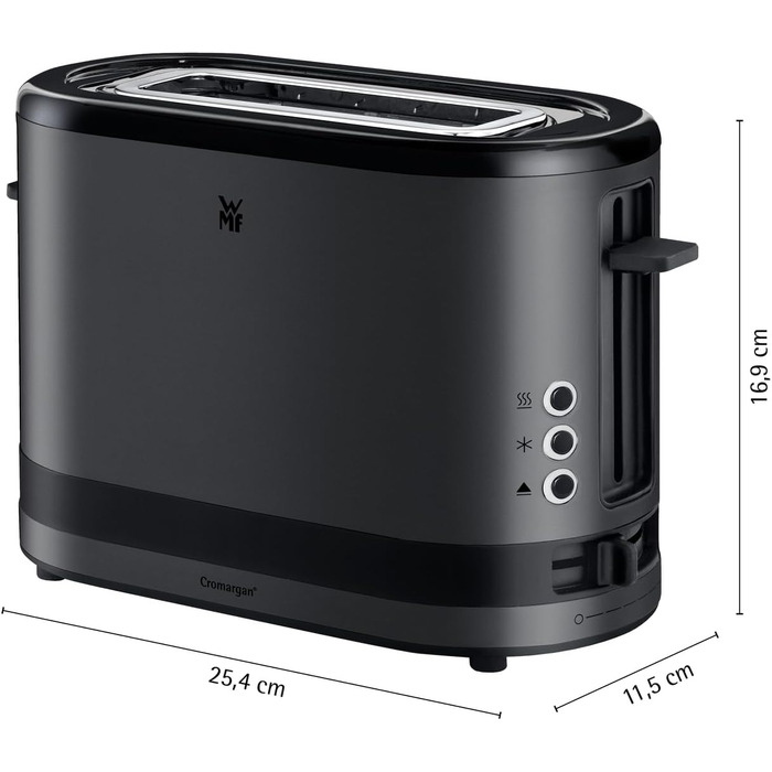 Тостер WMF Küchenminis для 1 тосту XXL, з підставкою для булочок, розморожування, 7 рівнів підсмажування, 600 Вт, нержавіюча сталь, чорний матовий