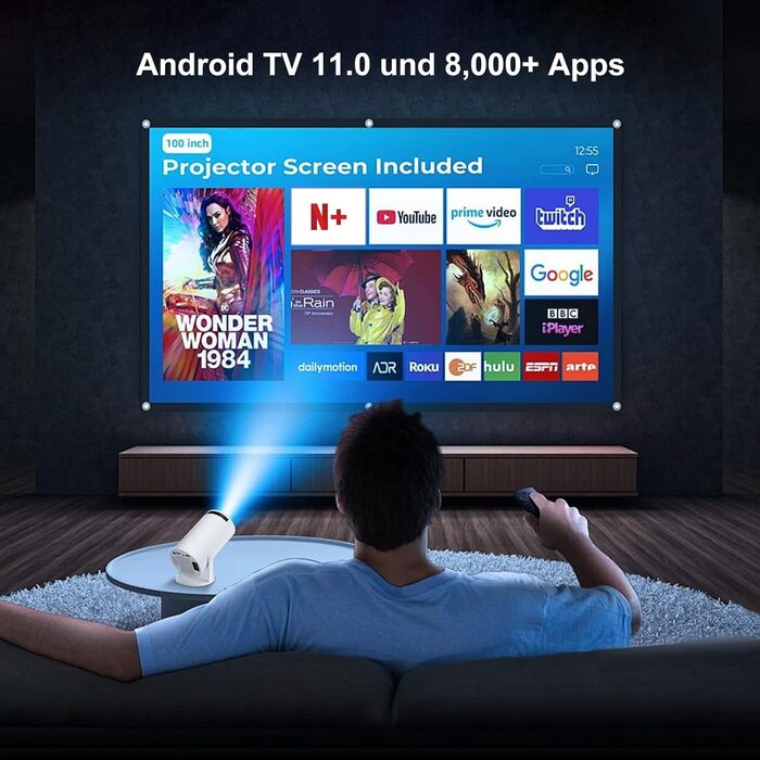 Міні проектор Salange HY300Pro+ 4K з Wi-Fi 6, Bluetooth 5.2 та Android 11.0 для домашнього кінотеатру. Підтримка 180° повороту, сумісний з телефоном, Xbox, ноутбуком, TV Stick, USB. Білий колір.