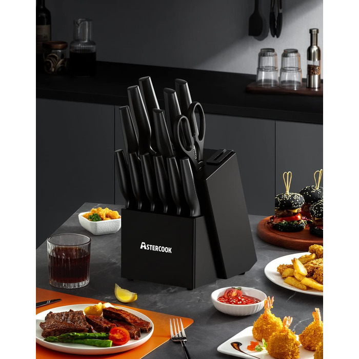 Набір кухонних ножів Astercook з підставкою та вбудованим точилом, 15 предметів, нержавіюча сталь, чорний