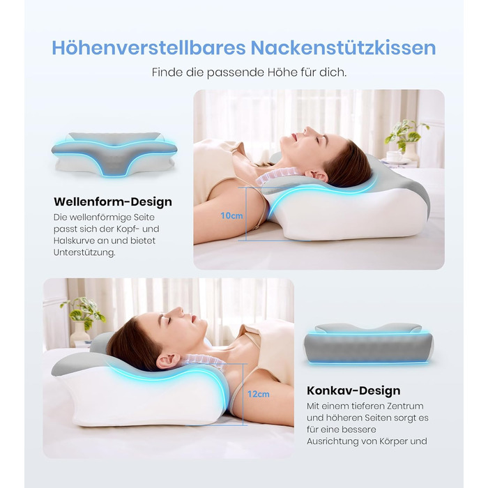 Ортопедична подушка з піни Memory Foam 2-в-1, 60x41.5x10/12 см, біла/сіра - для сну на боці, спині, животі