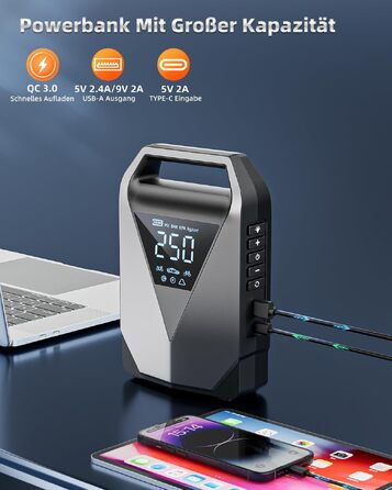 Пусковий пристрій Powerbank з компресором 6в1, бустер для авто 3000А 150PSI для 12В акумуляторів, автозапуск з LCD-екраном, QC3.0 та LED-ліхтарем (для всіх бензинових та дизельних двигунів до 8л)