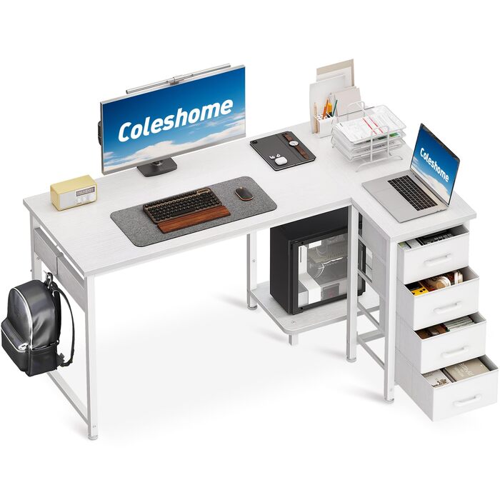 Кутовий письмовий стіл Coleshome L-подібний, 120x70 см, з 4 шухлядами, білий — обернений комп'ютерний стіл для офісу, кабінету та спальні