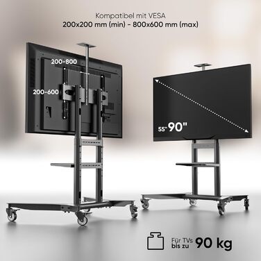 Мобільна стійка для телевізора ONKRON TS1871-B, 55-90 дюймів, до 75 кг, чорна, регульована по висоті, з колесами, сумісна з VESA 200x200-800x600
