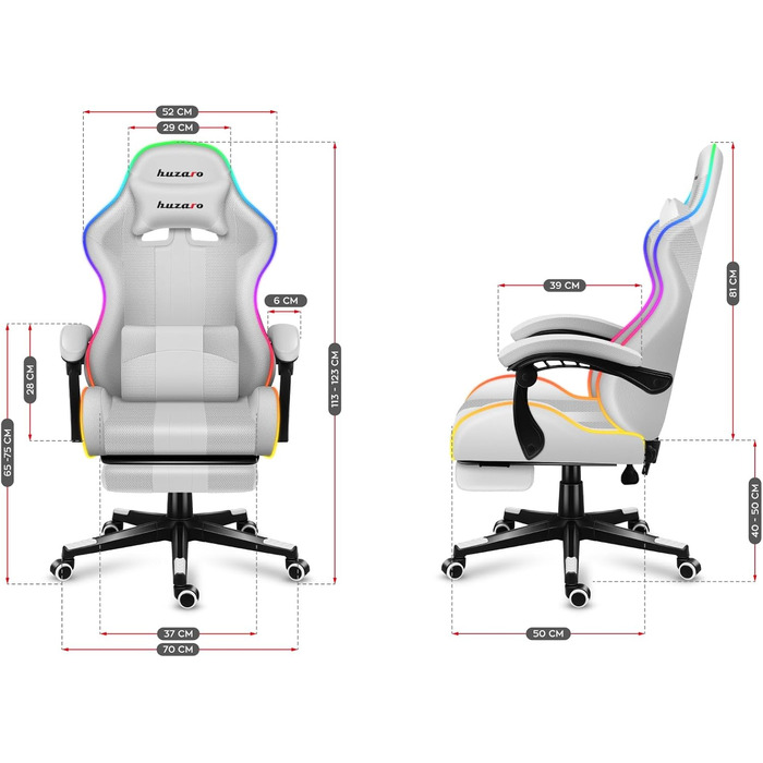 Ігрове крісло Huzaro Force 4.7, офісне, до 140 кг, RGB, біле, з підлокітниками, підставкою для ніг, подушкою для шиї та попереку, дихаюча сітка