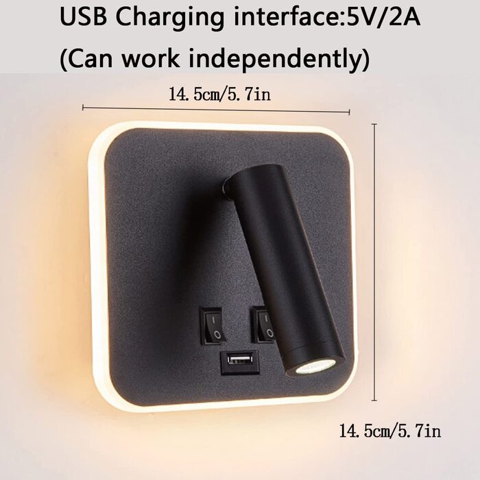 Настінна світлодіодна лампа TWSXTE з USB, поворотна, для спальні, читання, чорна, квадратна, 3000K, 3W+10W