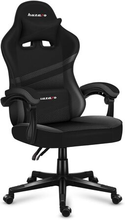 Ігрове крісло huzaro Force 4.4 Carbon, ергономічне, з підголівником і ломбардною подушкою, до 130 кг, регулювання висоти, тканина та екошкіра, чорне