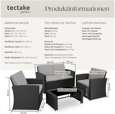 Комплект садових меблів tectake® з поліротангу для тераси та балкона, 12 предметів, чорний/сірий, вуличний диван, крісла та стіл на 4 особи, стійкі до погодних умов